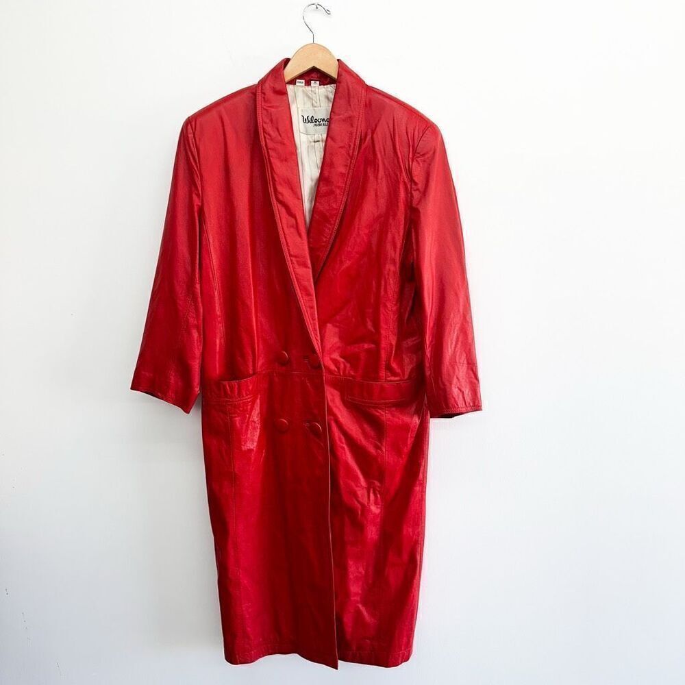 Wilsons Leather Women’s Bright Red Vintage 80s Double Breasted Leather Trench Co - Picture 3 of 16